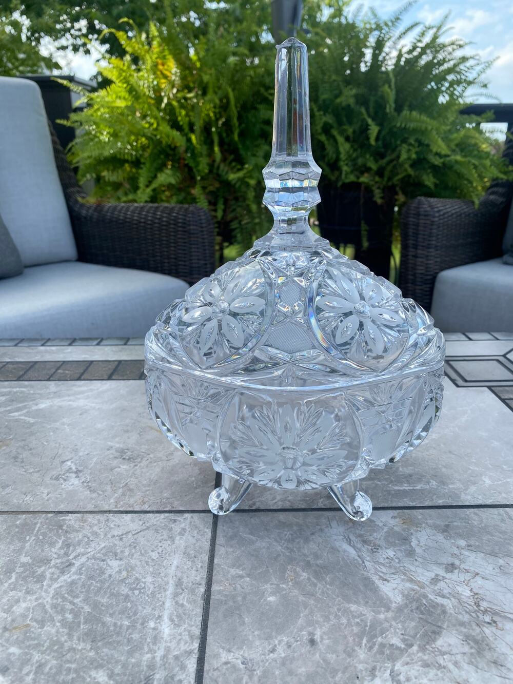 Fifth Avenue Portico Edged Glass Crystal Lidded Bowl 11 Inches Tall Footed